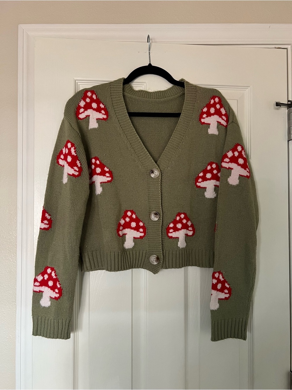 SHEIN Olive Green V-Neck Cardigan with Red and White Mushroom Motif